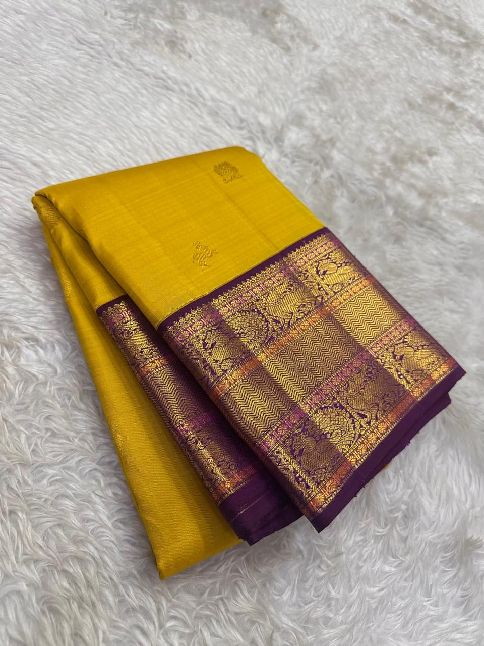 Golden Yellow and Purple Handwoven Pure Silk Kanjivaram Saree with Korvai Border and Kudhirai Butta