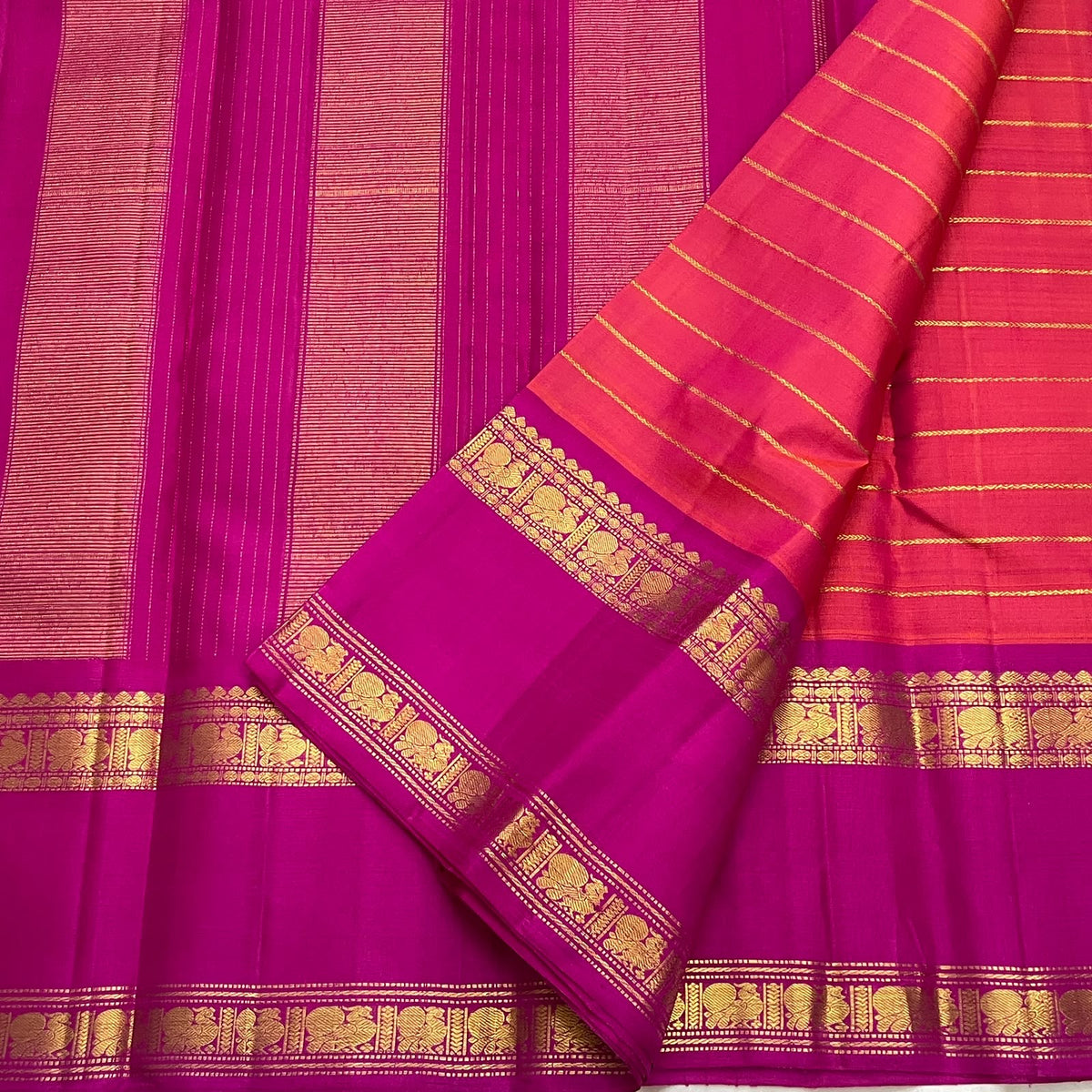 Pure silk Kanjipuram Rettapet saree in coral red and Vadamalli pink, Silk Mark certified
