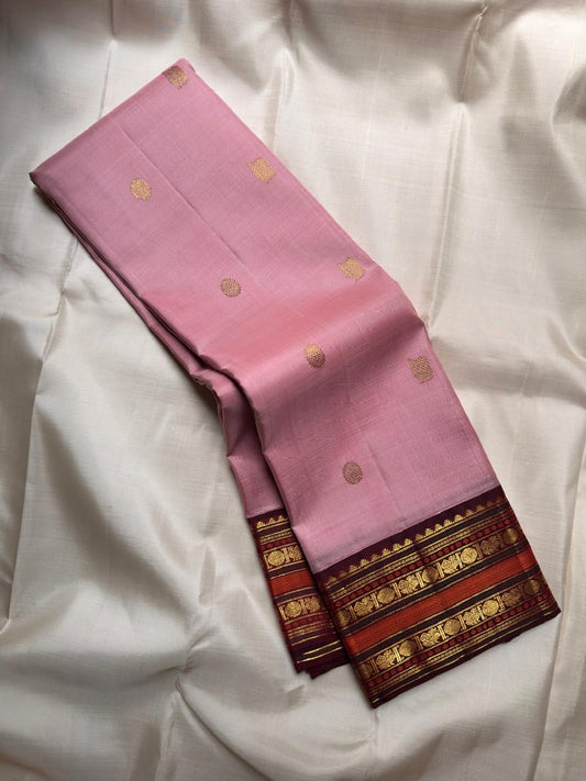 Petal pink Pure Silk Kanjeevaram Varisaipet saree with deep Arakku border