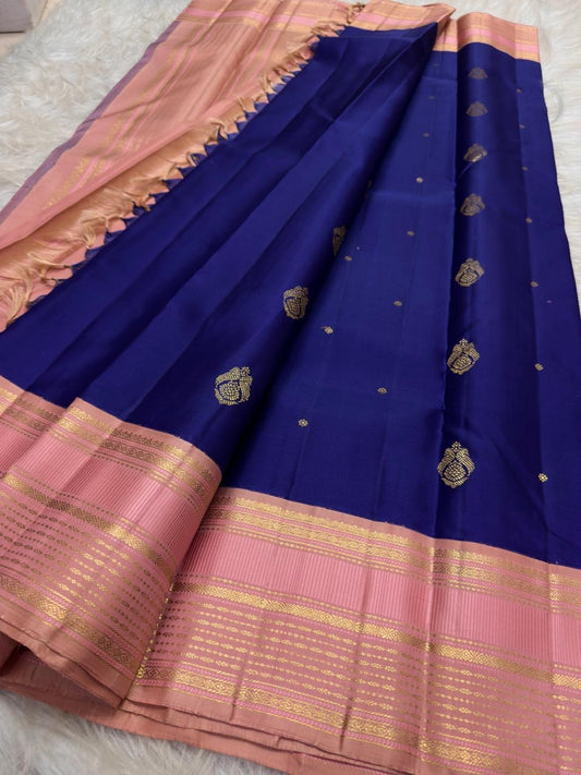 Royal blue and blush pink Pure Silk Kanchipuram saree with gold zari