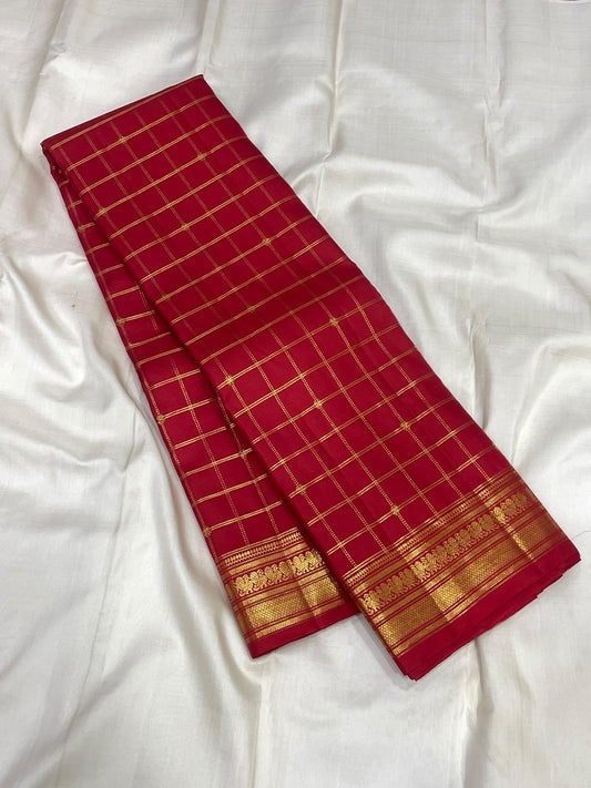 Handwoven vermilion pure silk Kanchipuram saree with Vankipet border