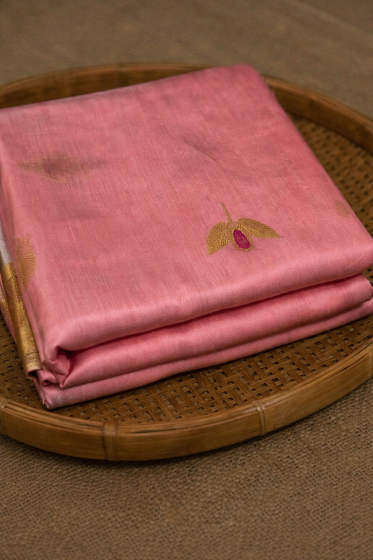 Blush Pink Pure Silk Chanderi Saree with Leaf Butti and Zari Border