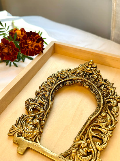 Brass Ethnic Carved Peacock Design Brass Prabhavali Frame Wall Hanging