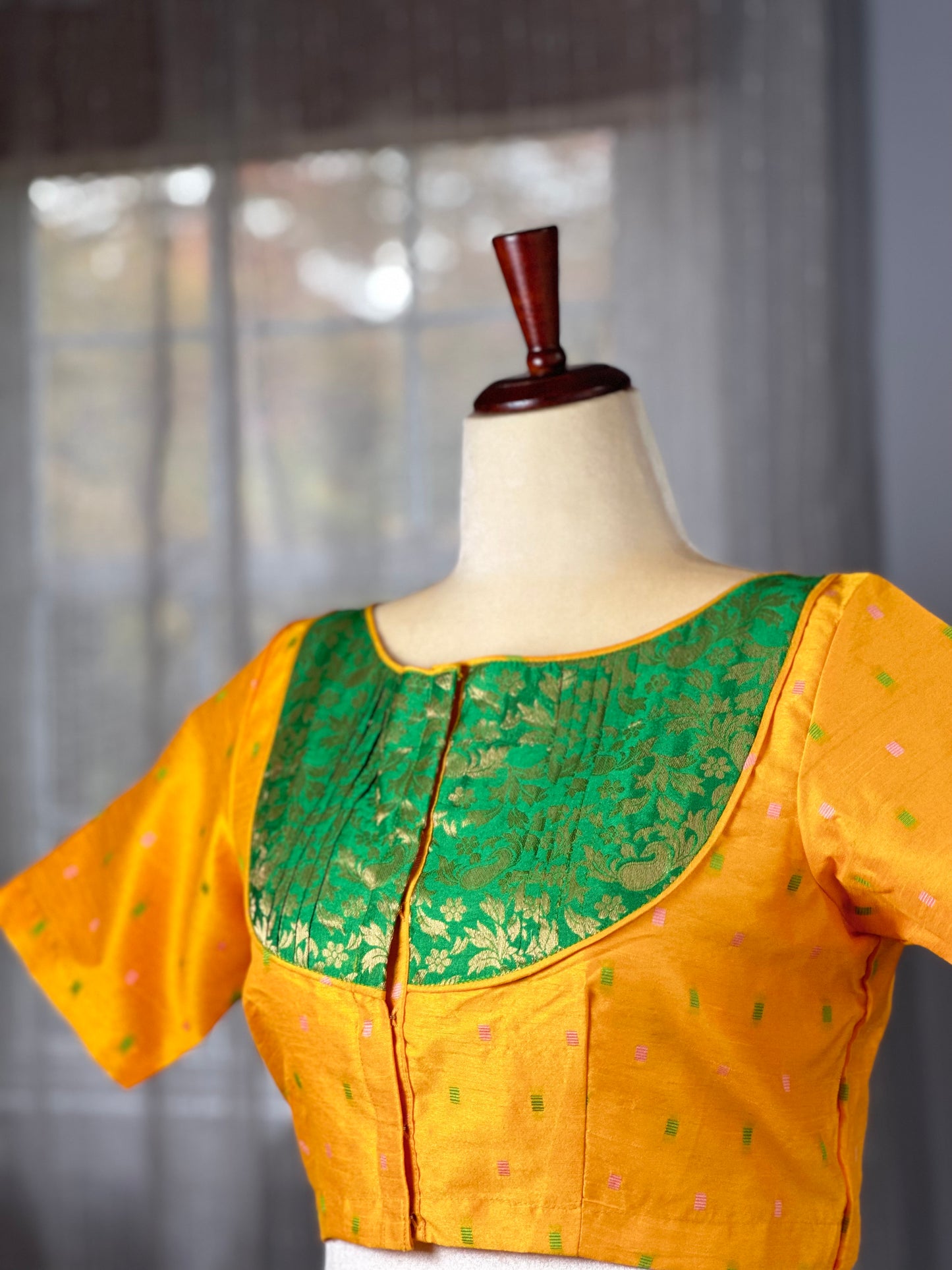 Mira - golden yellow & green silk blouse