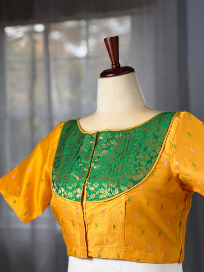 Mira - golden yellow & green silk blouse