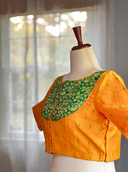 Mira - golden yellow & green silk blouse