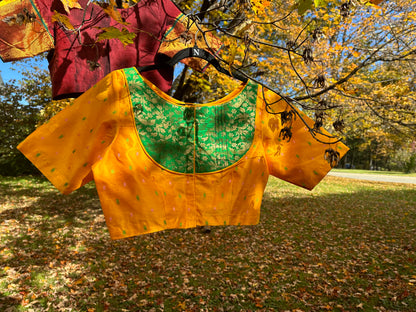 Mira - golden yellow & green silk blouse