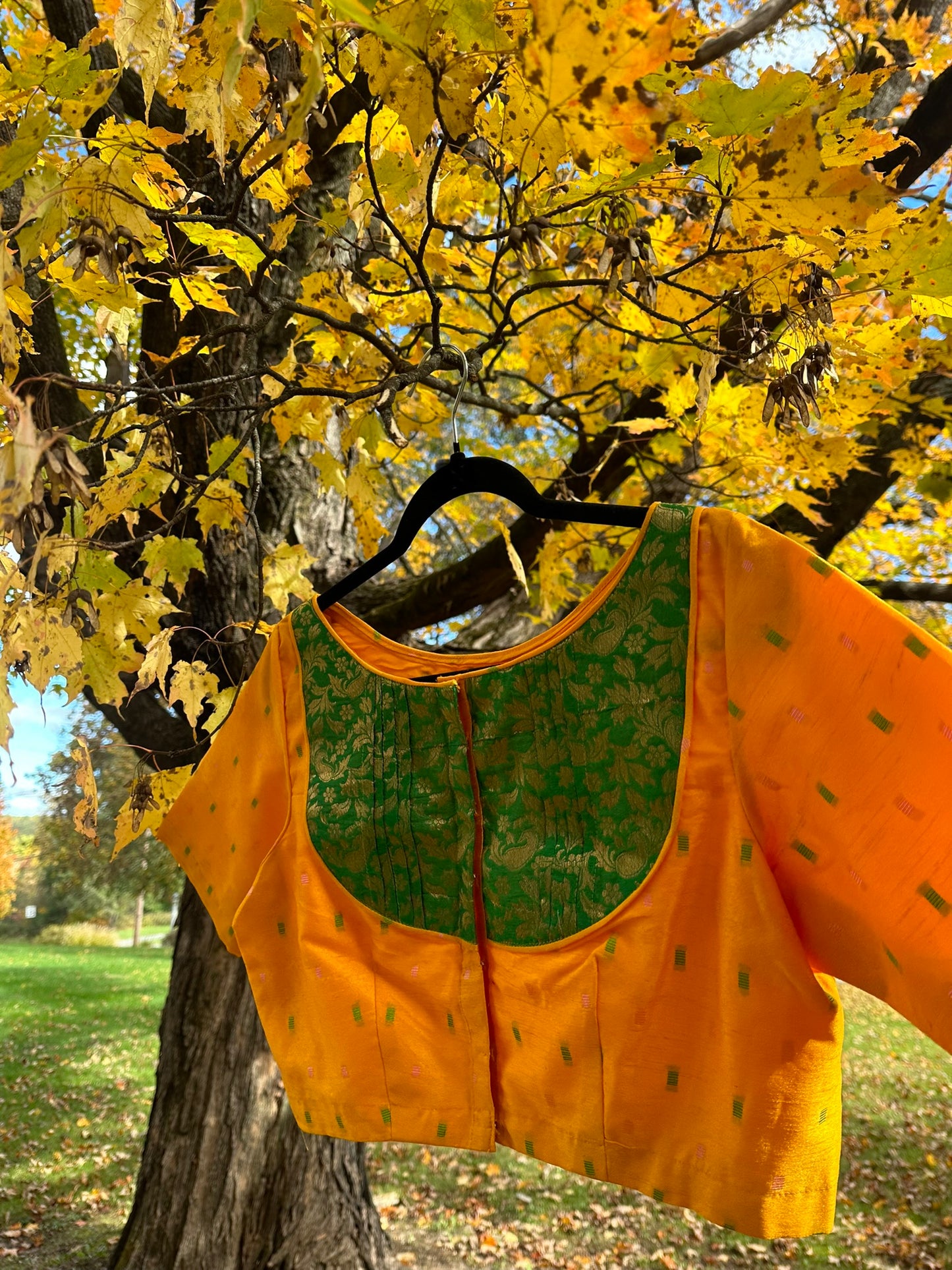 Mira - golden yellow & green silk blouse