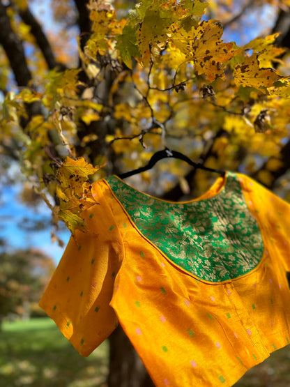 Mira - golden yellow & green silk blouse