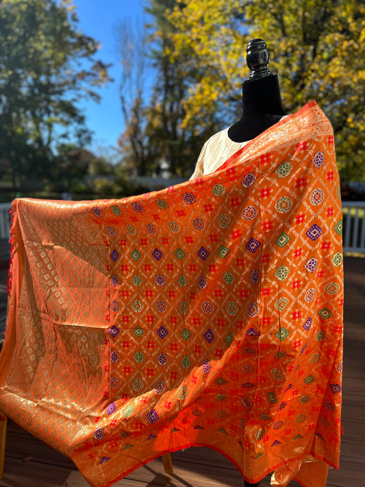 Orange Patola soft silk woven dupatta -2.5 meters