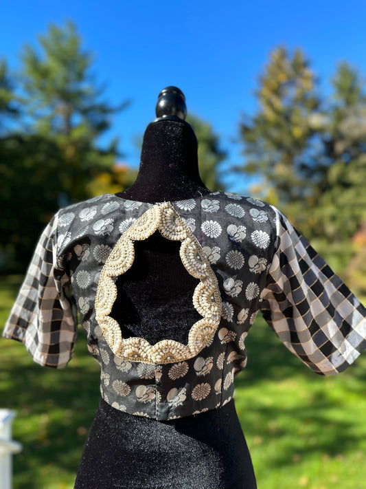 Black and white silk blouse with pearl embroidery