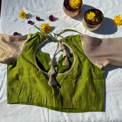 parrot Green  and cream brocade blouse