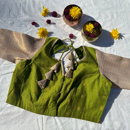 parrot Green  and cream brocade blouse