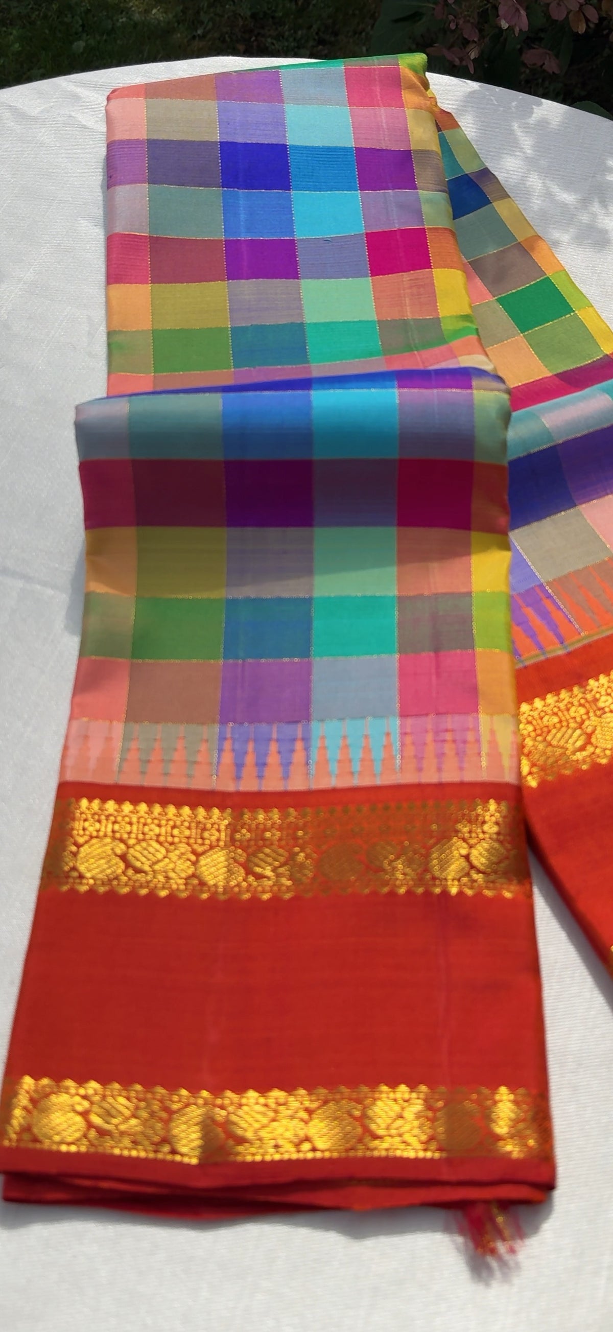 Multicolour Kanjipuram pure silk Kanchi Kattam saree with red Rettapet border and gold zari from Idam Living