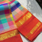 Multicolour Kanchipuram pure silk Kanchi Kattam saree with jewel-toned checks and red Rettapet border