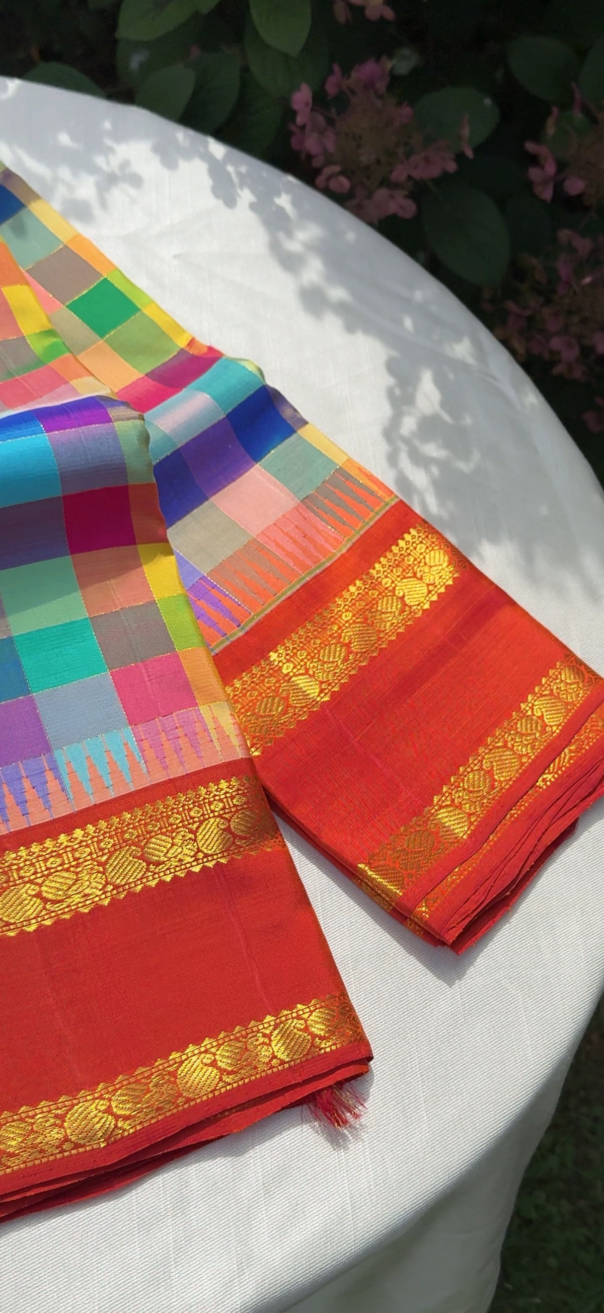 Multicolour Kanchipuram pure silk Kanchi Kattam saree with jewel-toned checks and red Rettapet border