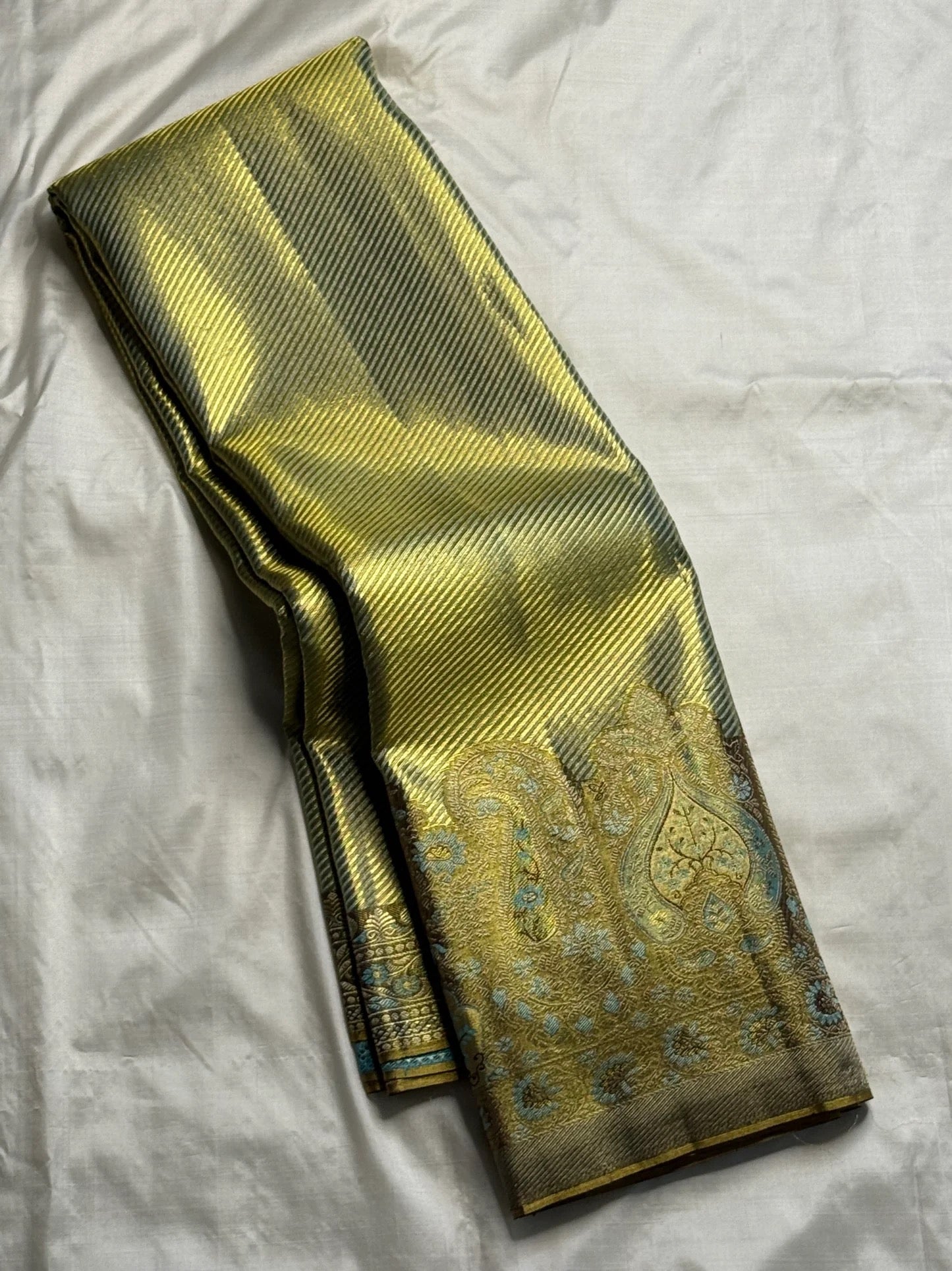 Smoky Olive Handwoven Pure Silk Kanjeevaram Saree with Antique Gold and Faded Turquoise Ornamental Border