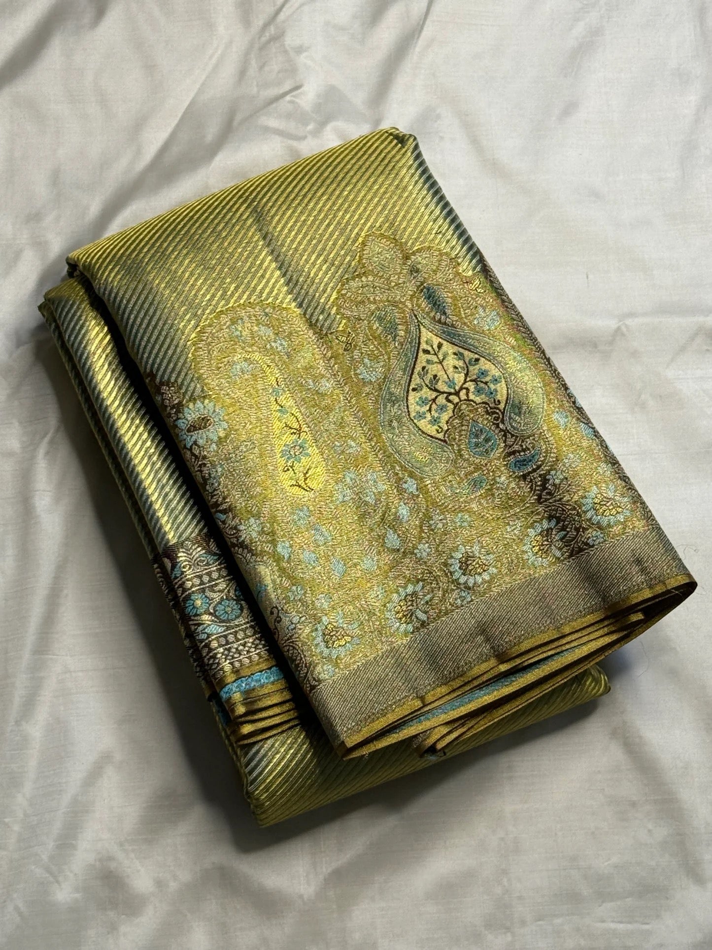 Smoky Olive Handwoven Pure Silk Kanjeevaram Saree with Antique Gold and Faded Turquoise Ornamental Border