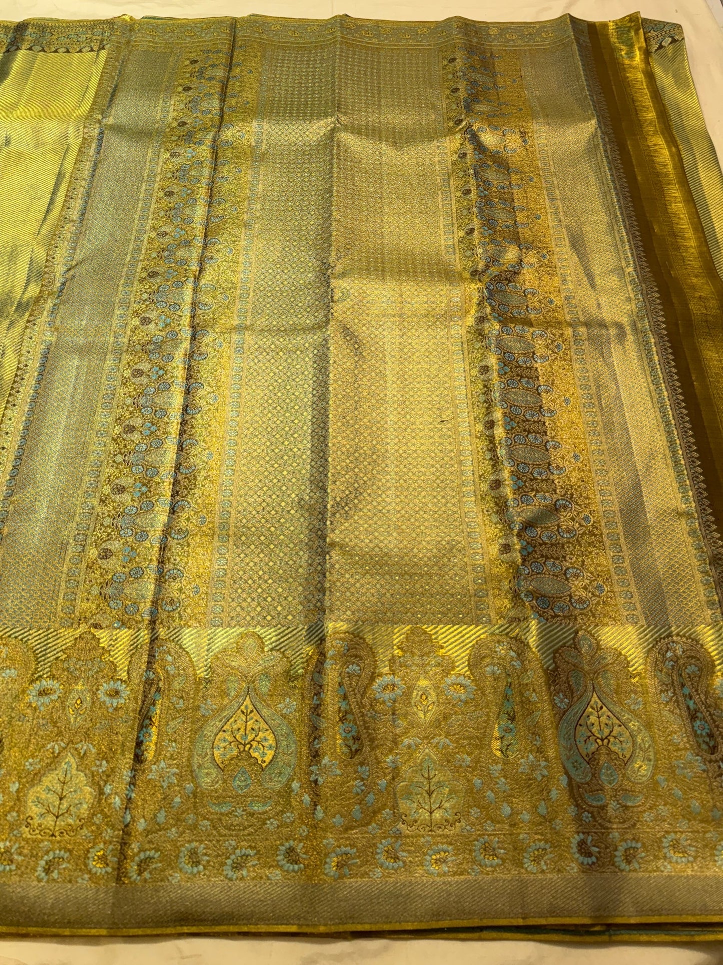 Smoky Olive Handwoven Pure Silk Kanjeevaram Saree with Antique Gold and Faded Turquoise Ornamental Border