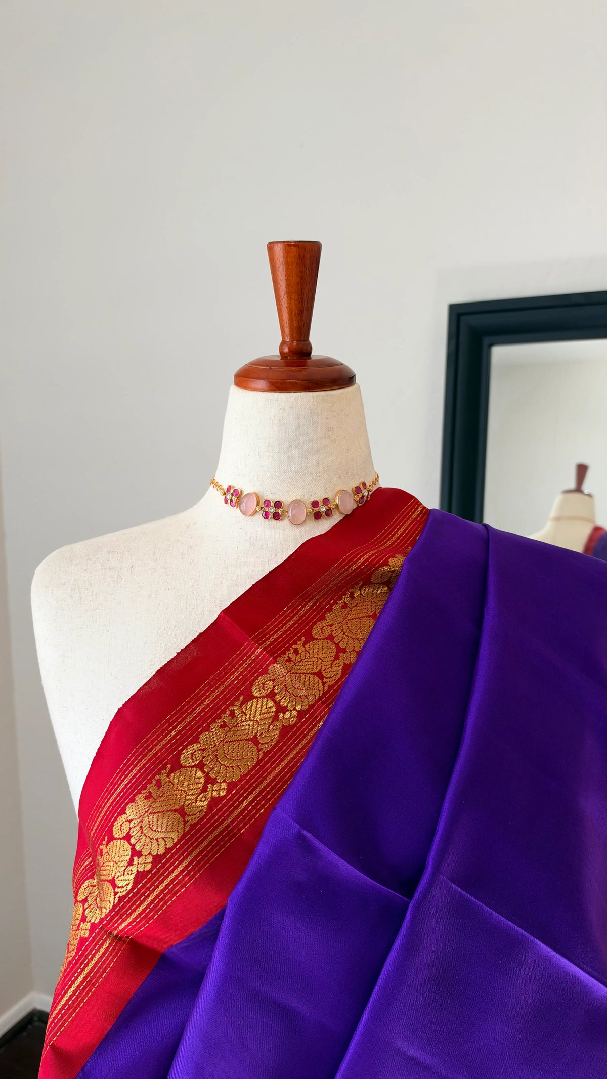 Oodha Violet Mayil Pettu Korvai Kanchipuram silk saree with Arakku red Korvai borders and gold zari, photo 2 of 8