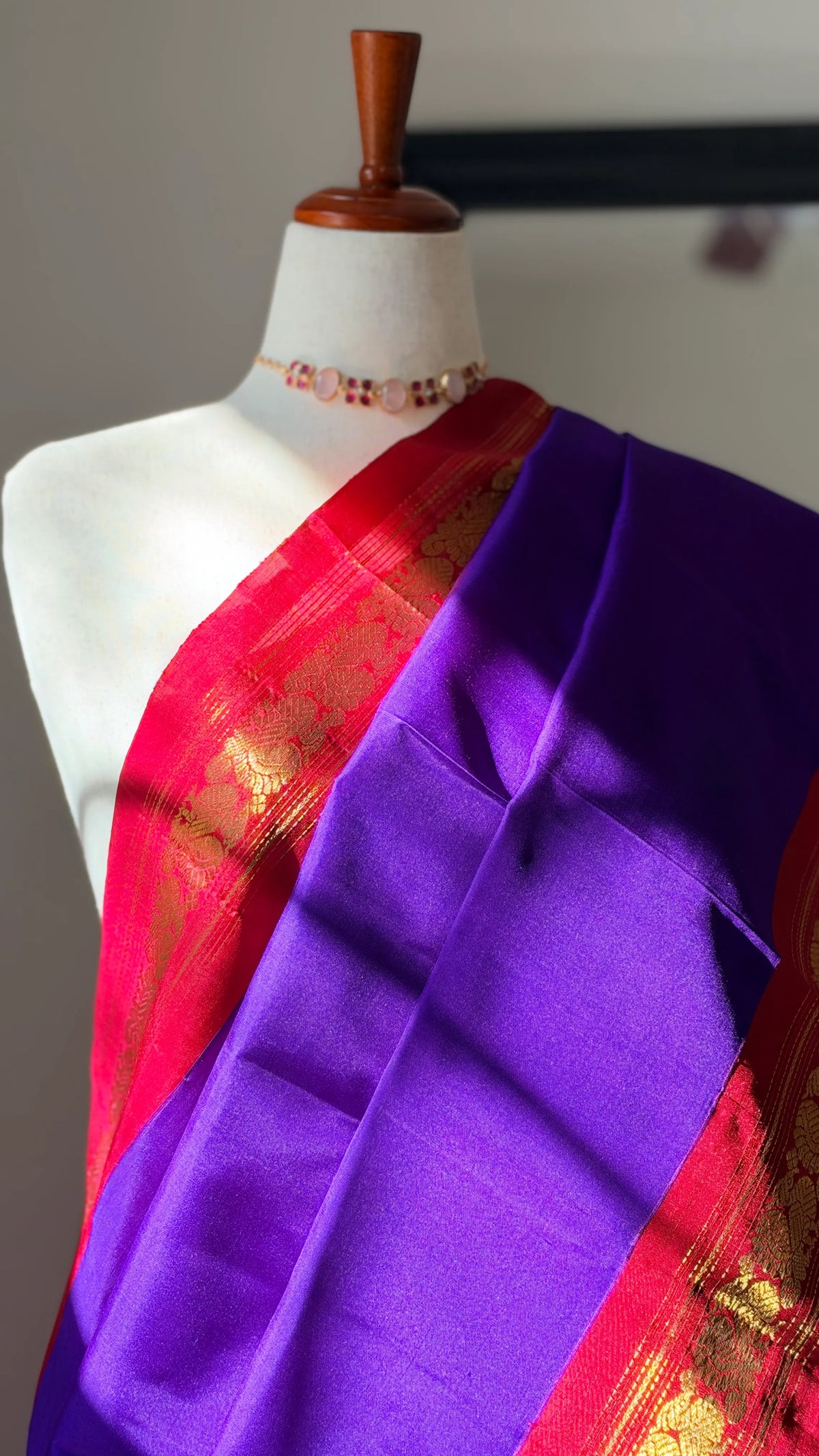 Oodha Violet Mayil Pettu Korvai Kanchipuram silk saree with Arakku red Korvai borders and gold zari, photo 1 of 8