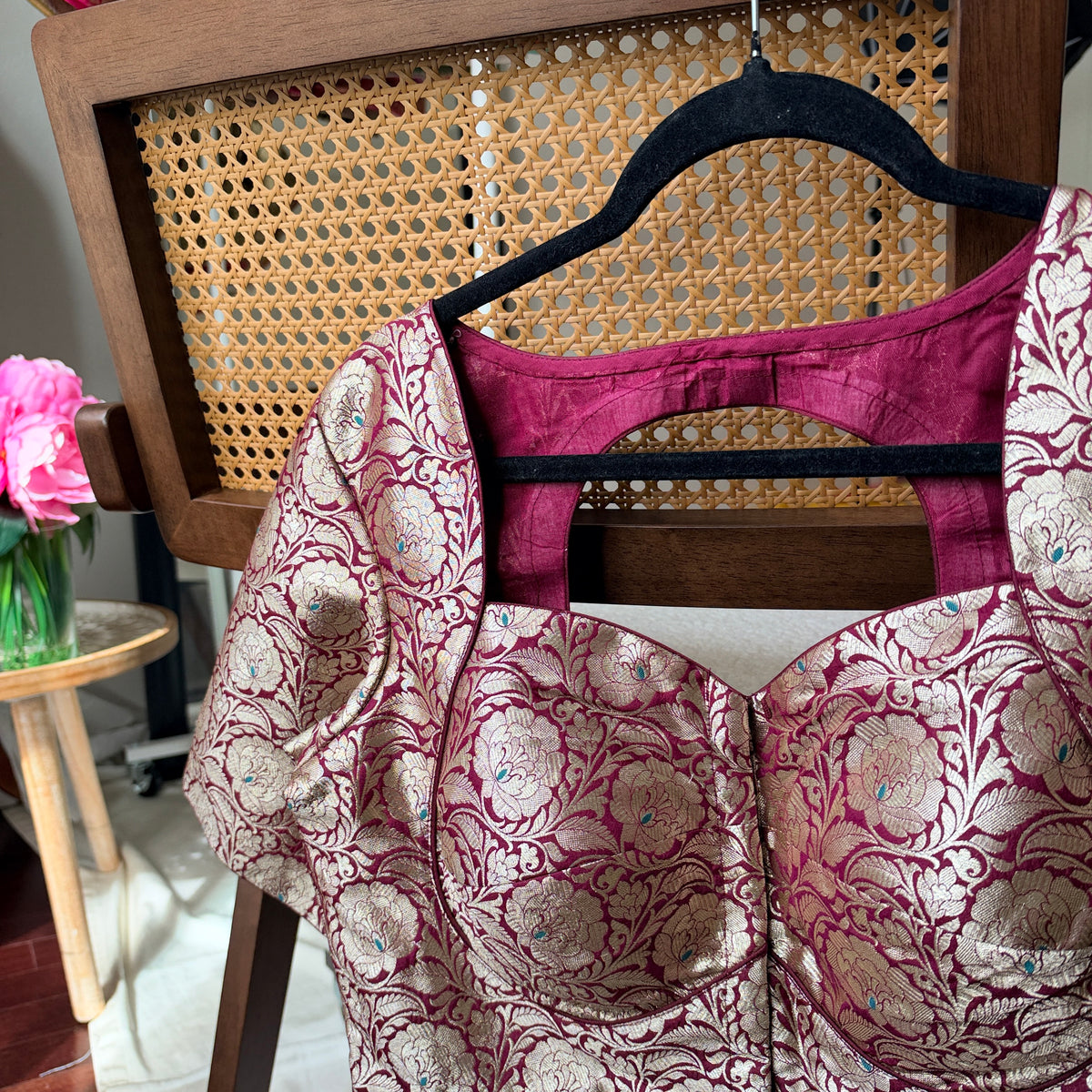 Pure silk Banarasi meenakari blouse in brown, ready-made festive blouse by Idam Living
