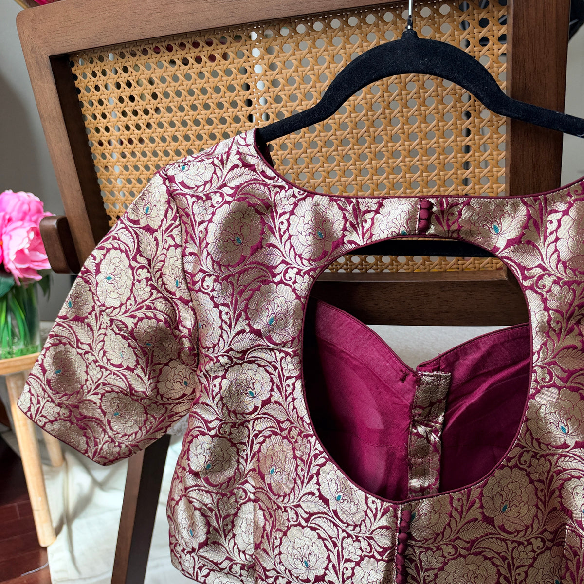 Pure silk Banarasi meenakari blouse in brown, detail view