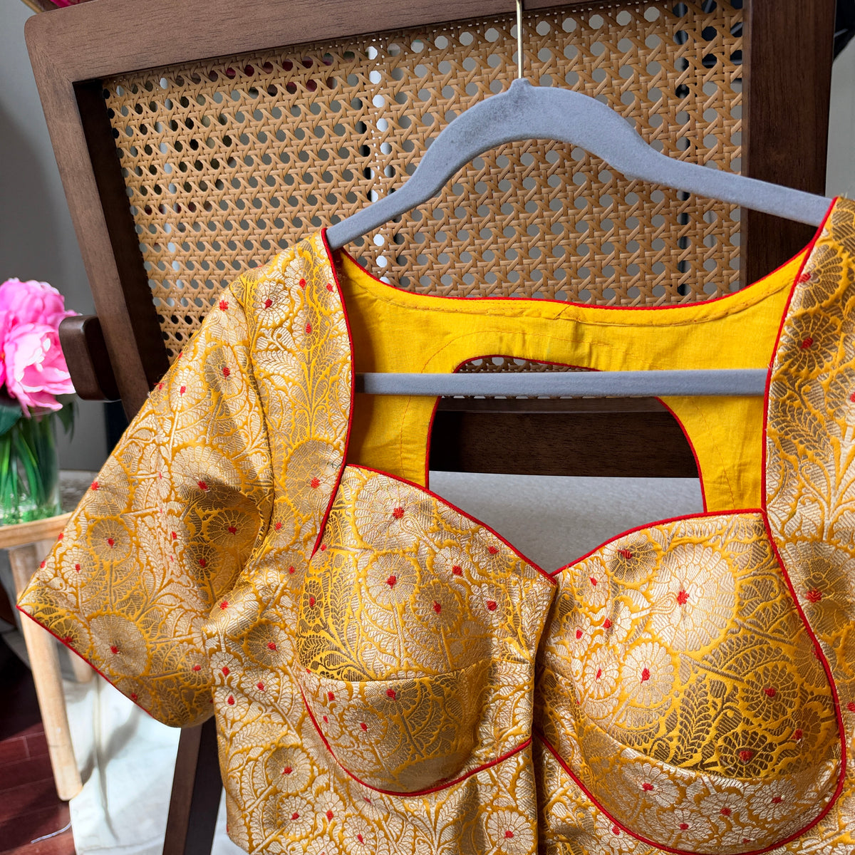 Pure silk Banarasi meenakari blouse in yellow, detail view