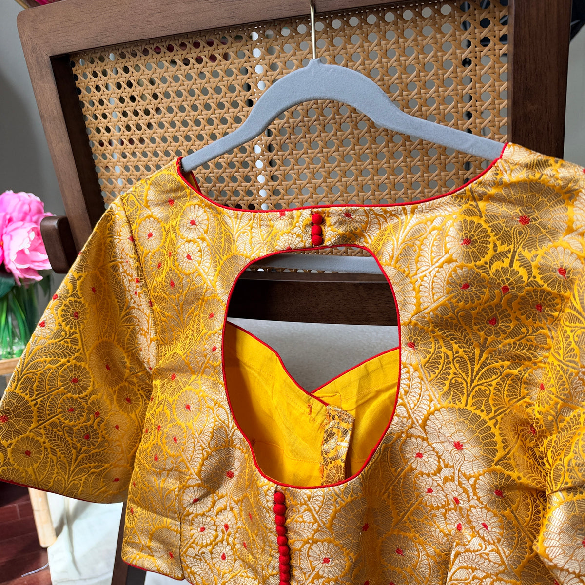 Pure silk Banarasi meenakari blouse in yellow, ready-made festive blouse by Idam Living
