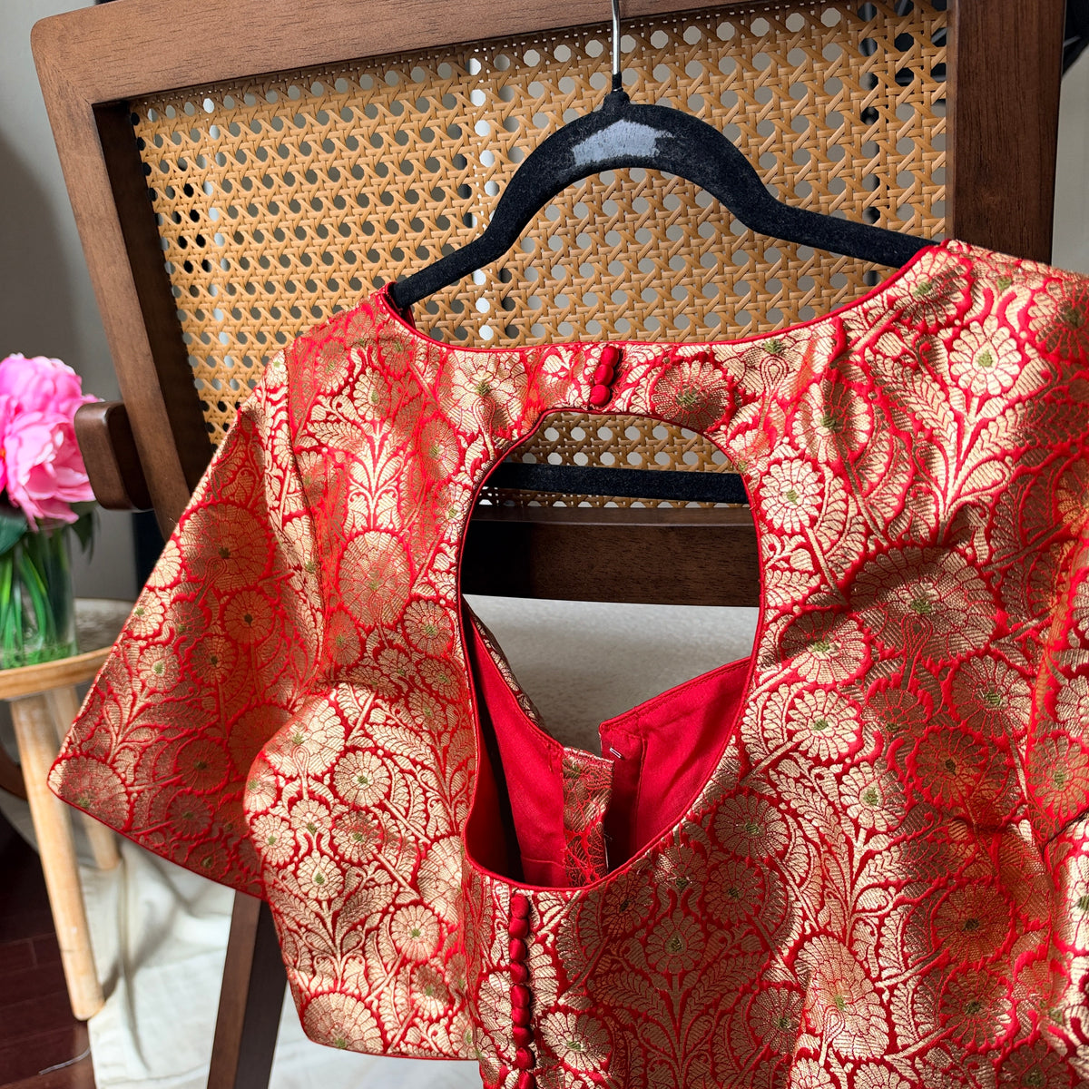 Pure silk Banarasi meenakari blouse in red, ready-made festive blouse by Idam Living