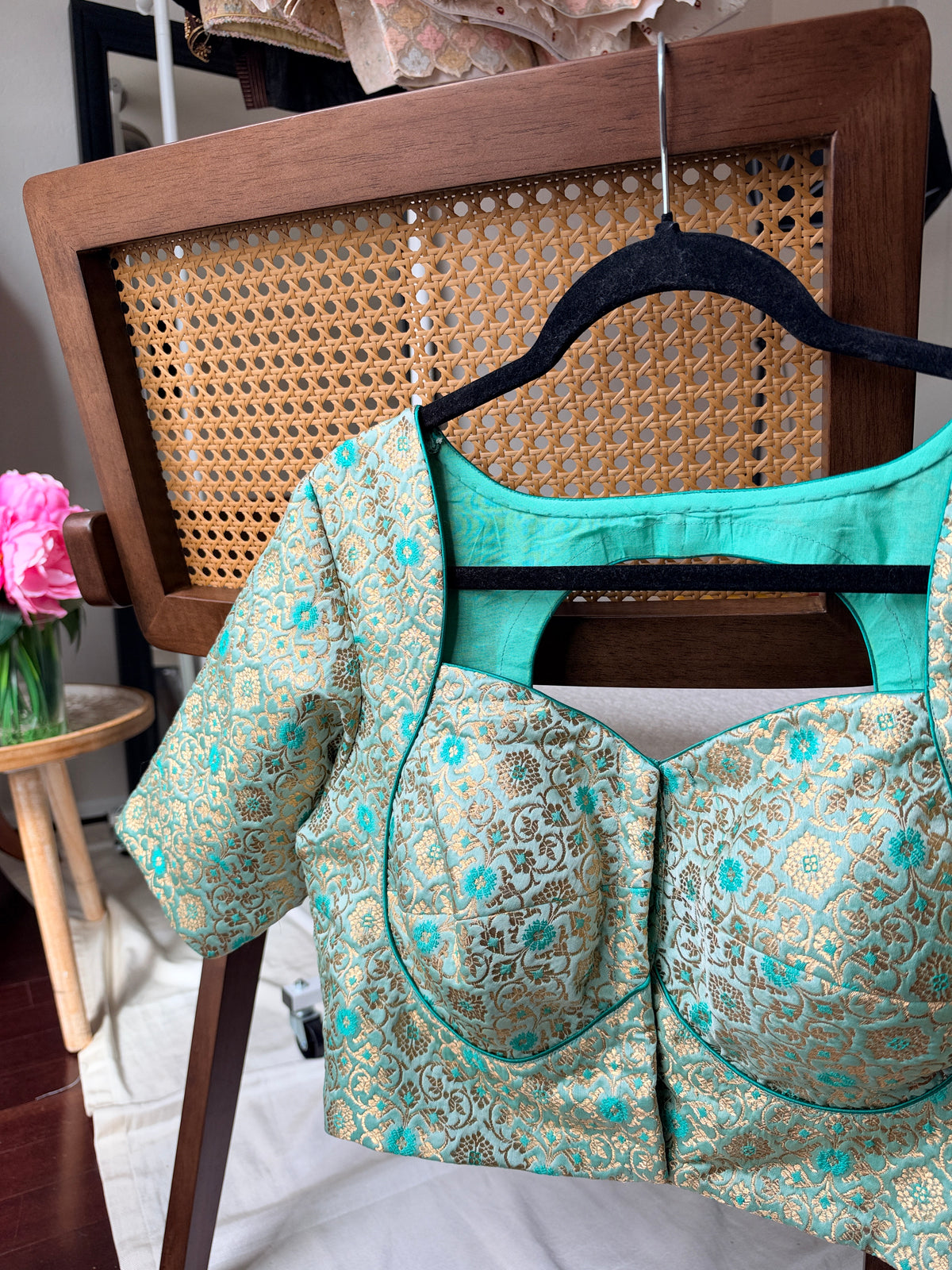 Pure silk Banarasi meenakari blouse in pastel green, ready-made festive blouse by Idam Living