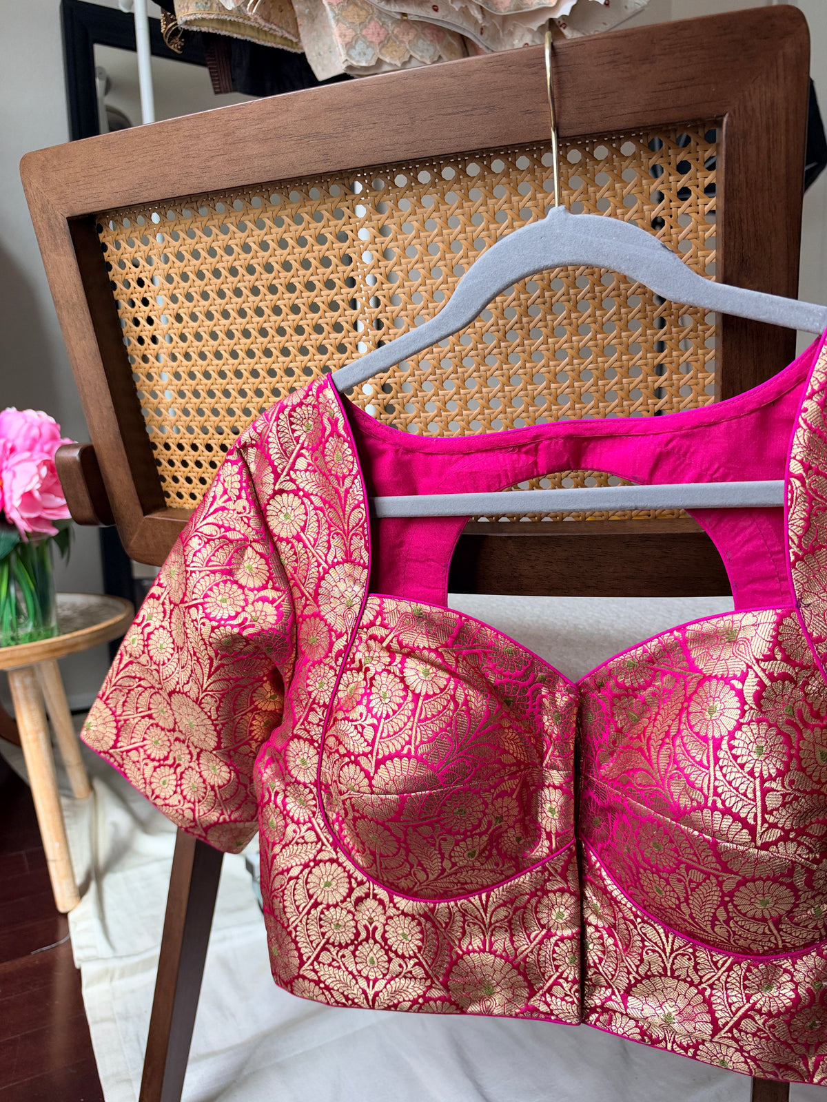 Pure silk Banarasi meenakari blouse in peach pink, ready-made festive blouse by Idam Living