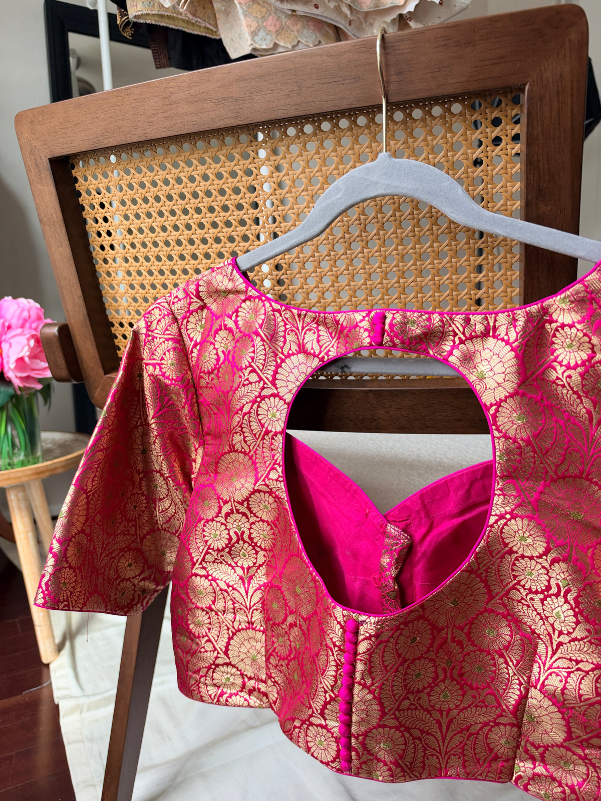 Pure silk Banarasi meenakari blouse in peach pink, detail view