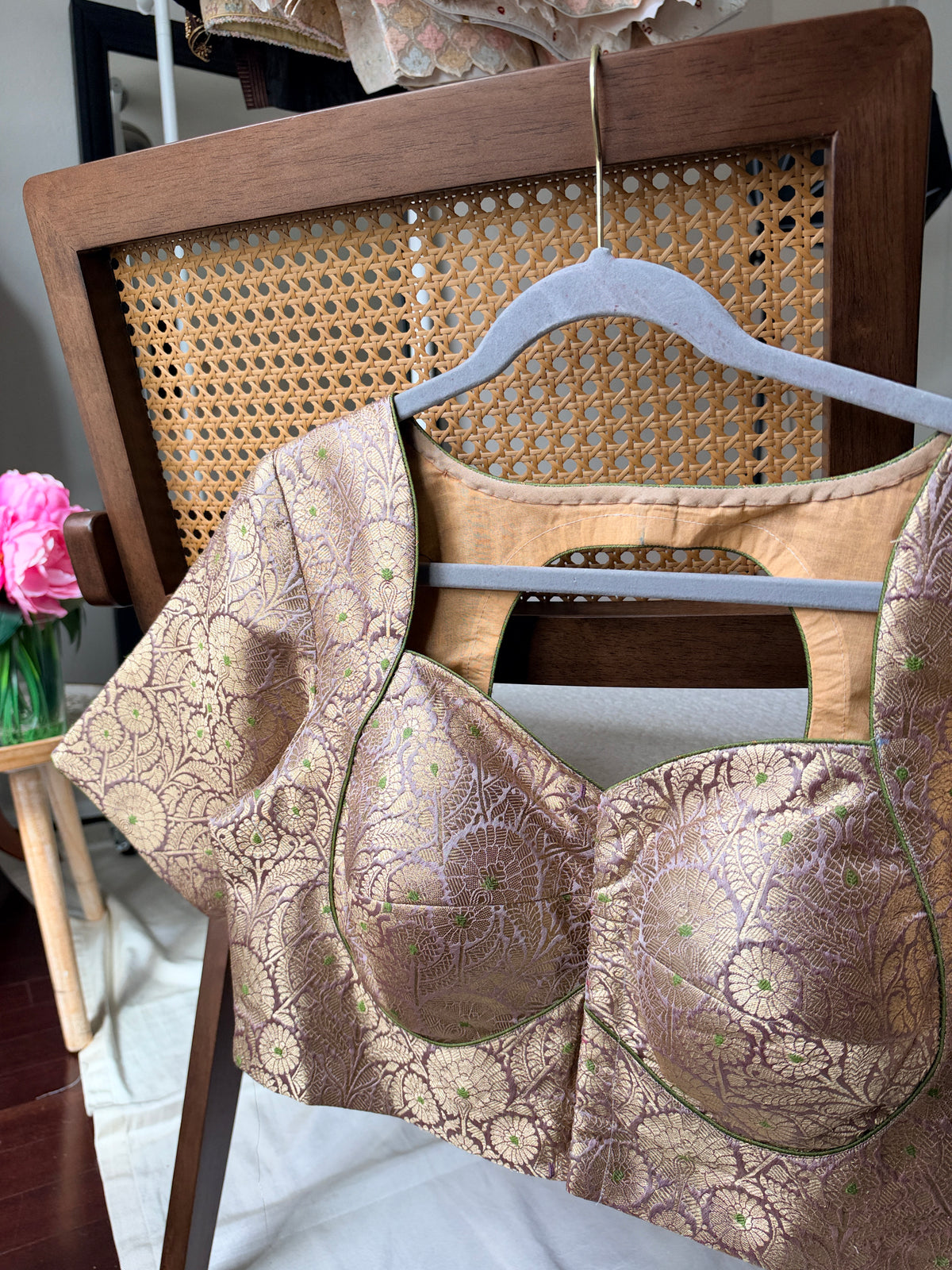 Pure silk Banarasi meenakari blouse in smoky lavender, detail view