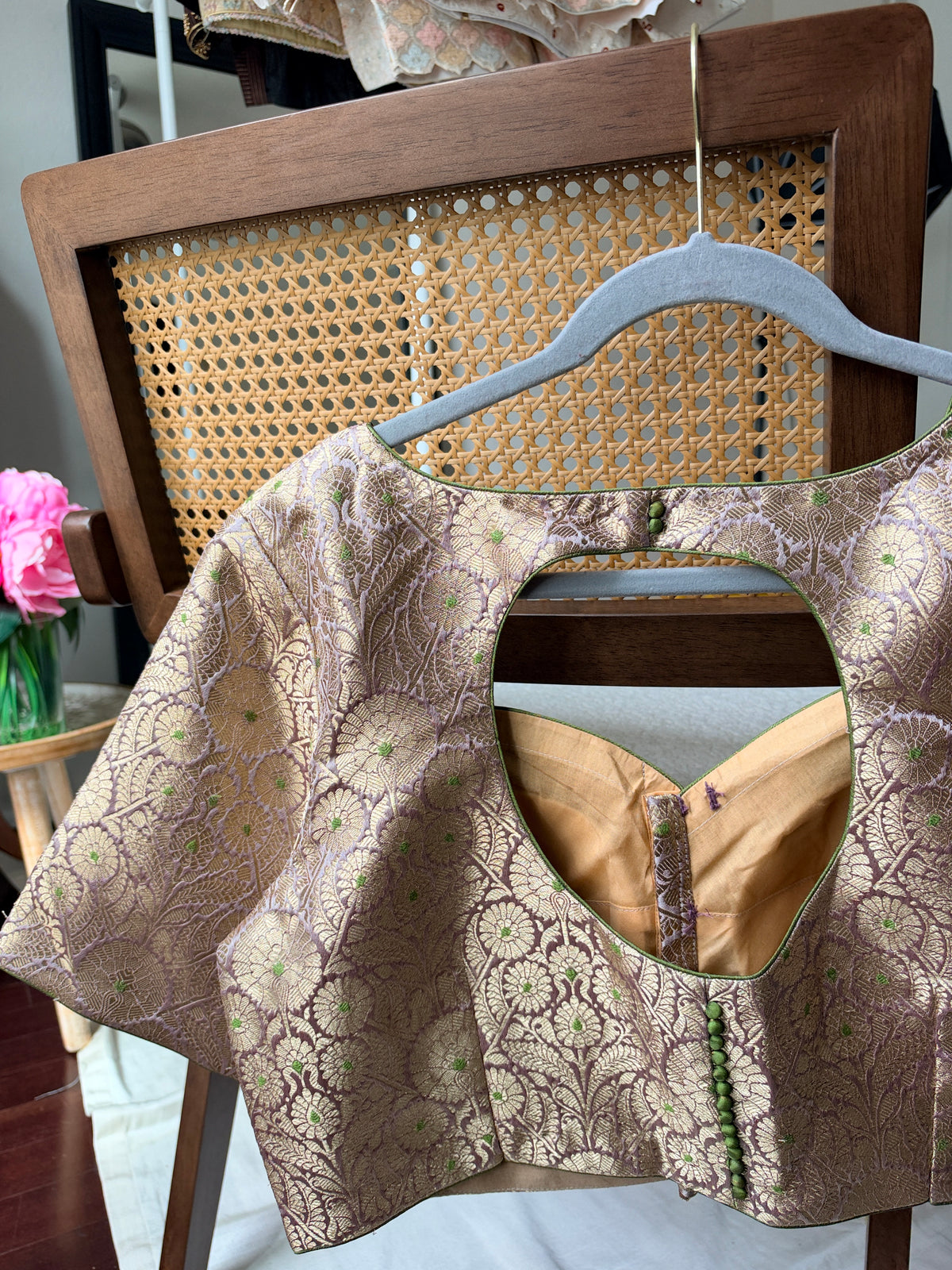 Pure silk Banarasi meenakari blouse in smoky lavender, ready-made festive blouse by Idam Living