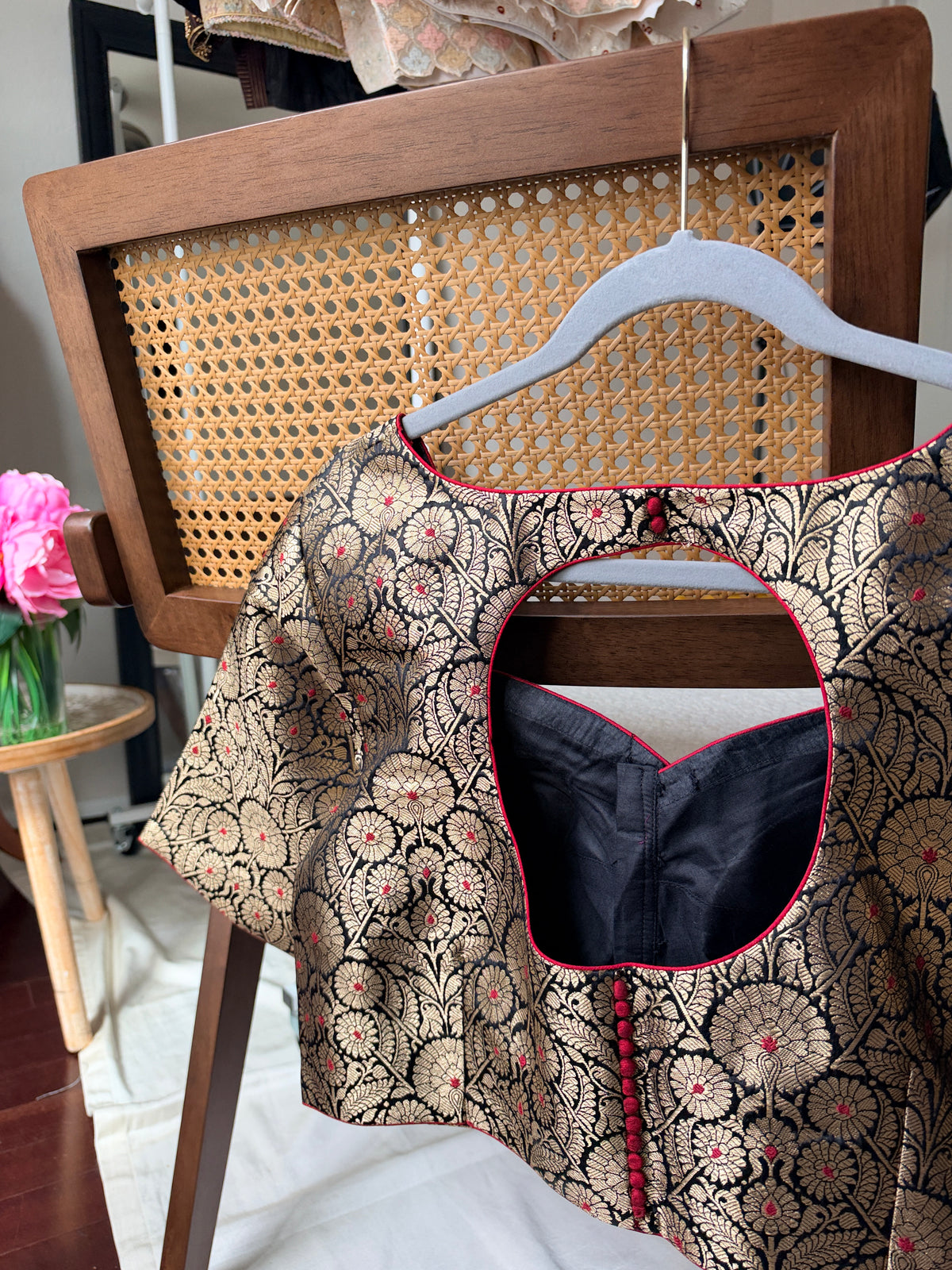 Pure silk Banarasi meenakari blouse in black, ready-made festive blouse by Idam Living