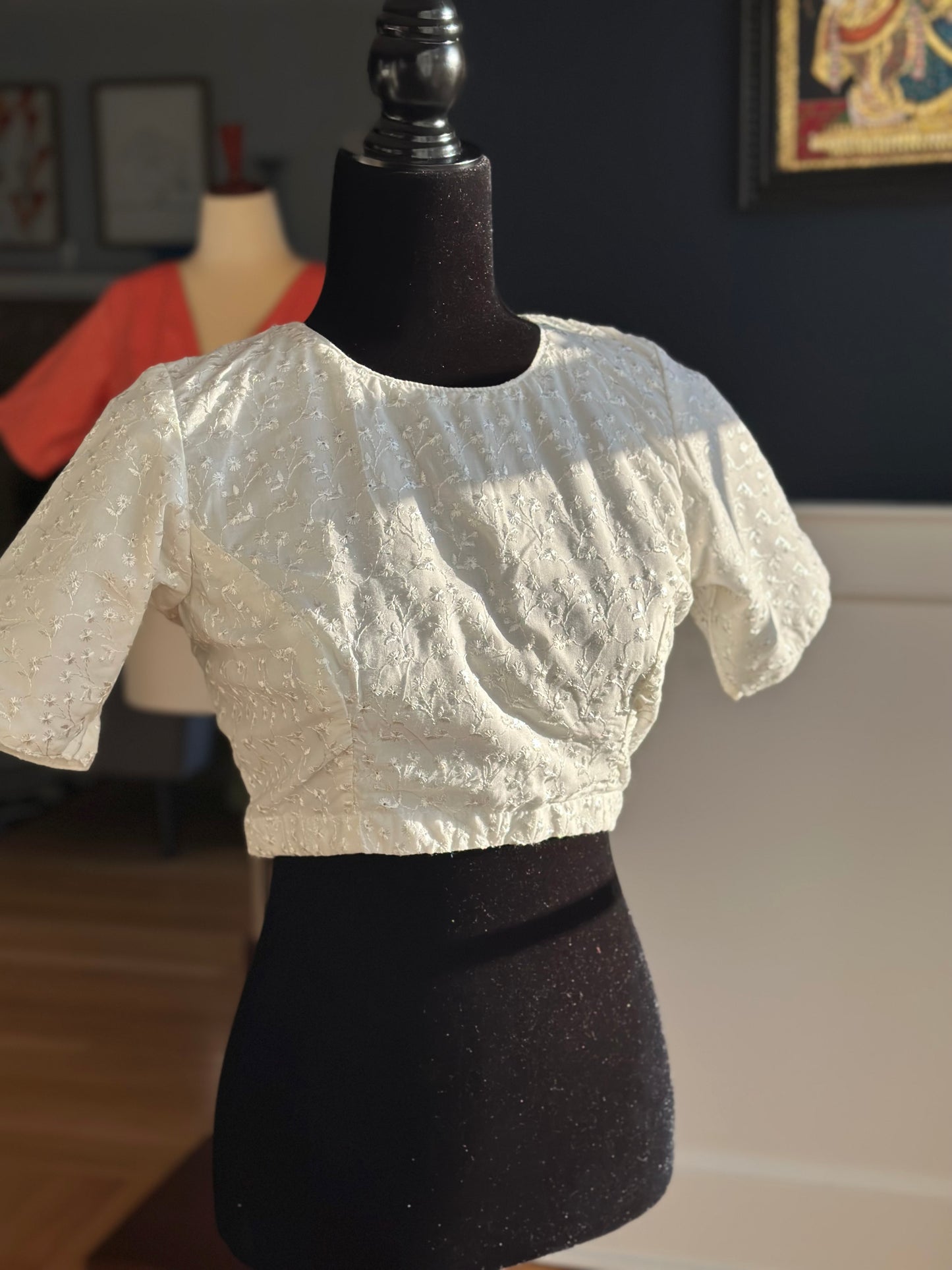 chikankari work,hakoba embroidery casual white blouse