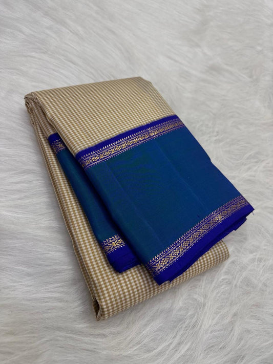 Ivory and Peacock Blue Handwoven Pure Silk Kanchipuram Saree with Kanchi Kattam Body and Rettapet Border