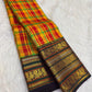 Handwoven Kancheepuram Varisaipet saree in multicolour silk checks with forest green Mayil Butta gold zari border, full folded view