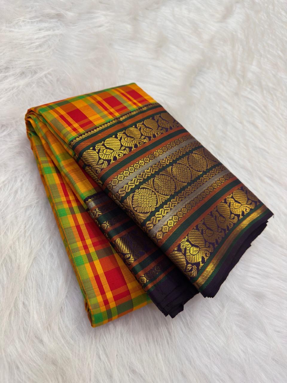Close-up of multicolour silk kattam body — pink, green, cream threads intersecting in fine Kancheepuram check weave