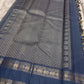 Pallu of the Kancheepuram saree in steel blue with Rettapet Yaanai procession and geometric gold zari banding