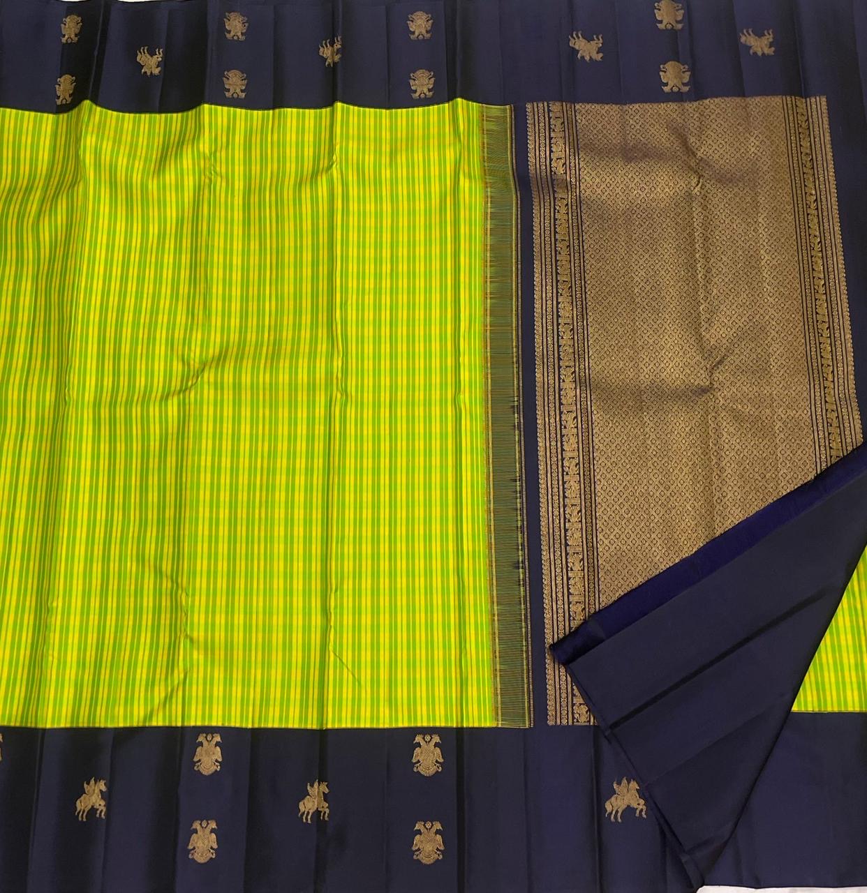 Lime green and canary yellow Kanchi Kattam stripe body on handwoven pure silk Kanjeevaram saree — body close-up