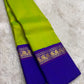Lime green and violet handwoven pure silk Kancheepuram saree with Korvai Kaal Irangiya Peacock border — full folded overview