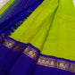 Close-up of vivid lime green pure silk body on handwoven Kancheepuram saree — high-lustre plain weave with electric fresh colour