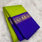 Pallu detail of lime green and violet pure silk Kancheepuram saree showing antique gold zari Mayil peacock motifs in Kaal Irangiya border