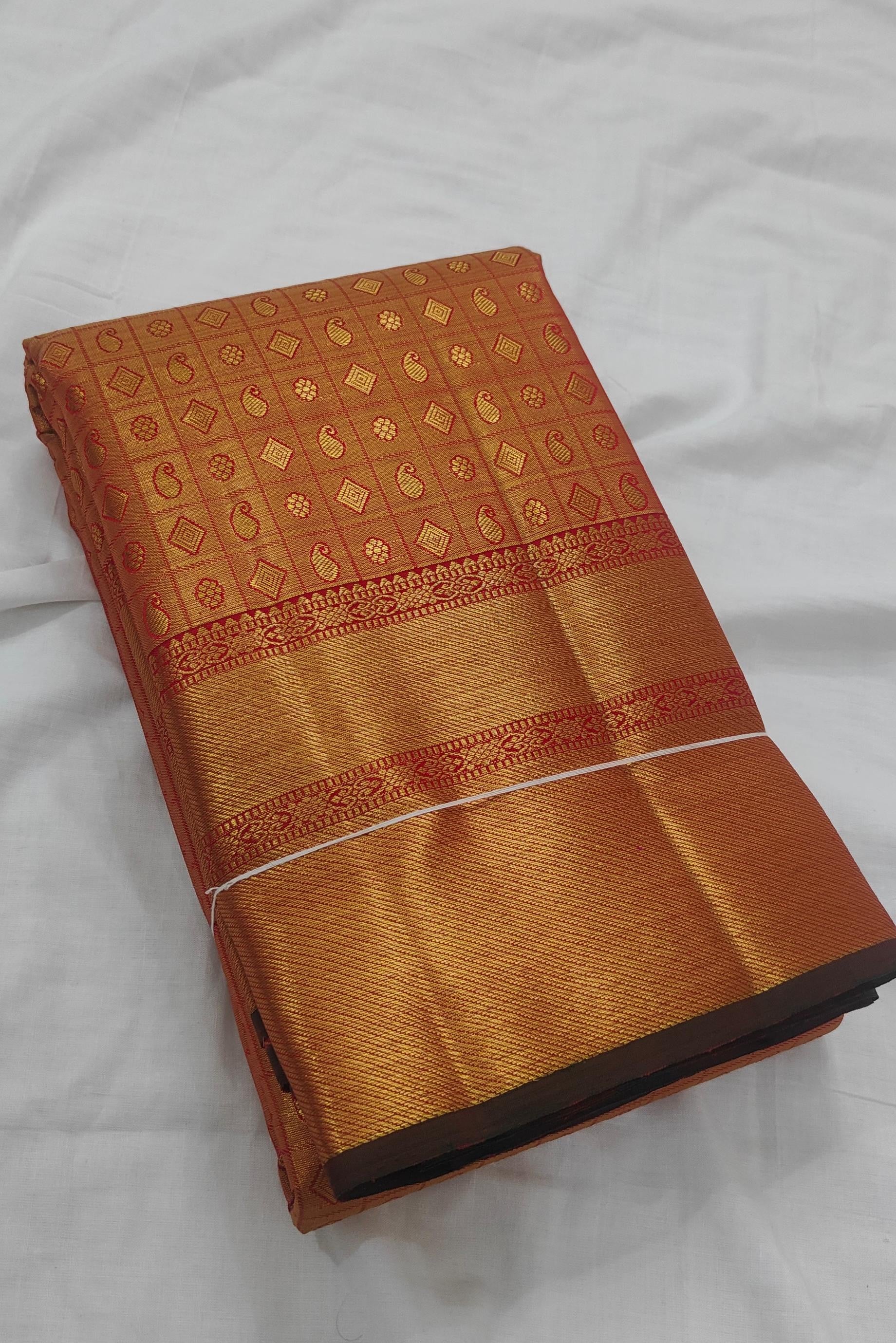 Handwoven pure silk KanchiPattu saree in burgundy rose with Kamalam and Diamond Butta in gold zari and silk thread, bottle green selvedge and Thazhampoo Reku border — Idam Living