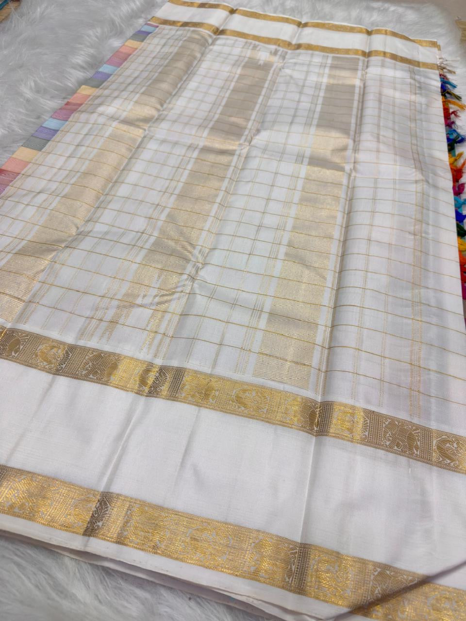 Full folded view of oversized multicolour Paalum Pazhamum Kanchipuram saree showing check body and navy border