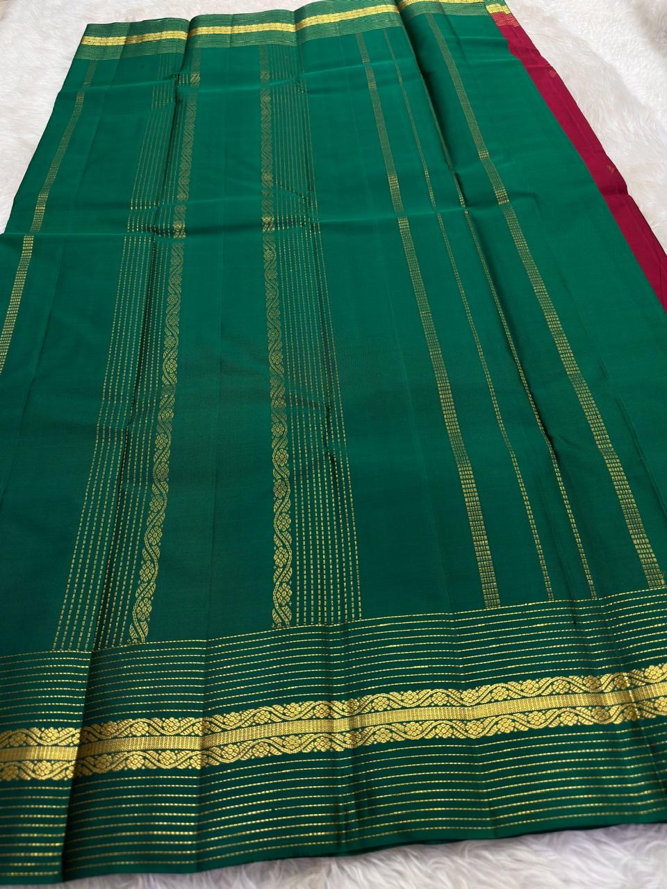 Handwoven pure silk Kanjivaram lightweight saree in deep rose and bottle green, Korvai construction with Kamalam Butta body and multicolour Varisaipet border — Idam Living