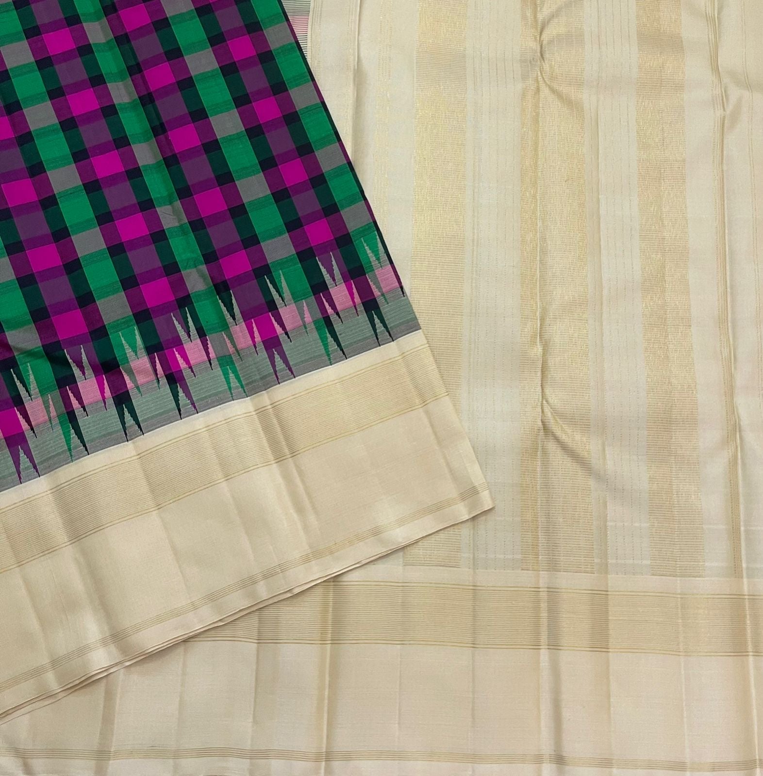 Kanchi Kattam check weave close-up on multicolour handwoven pure silk Kanchipuram saree — weave detail