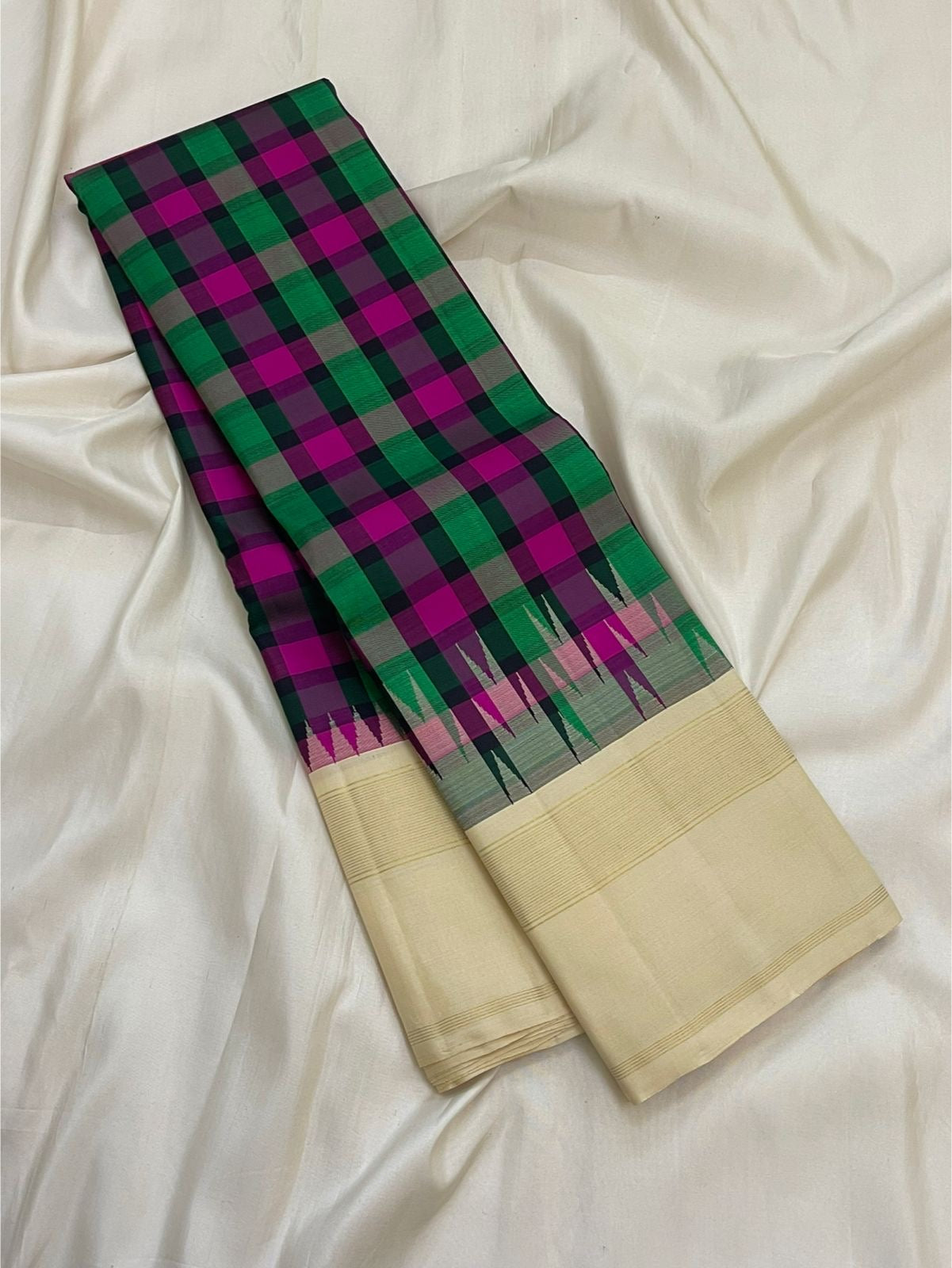 Magenta green grey and navy Kanchi Kattam silk check body on multicolour pure silk Kanchipuram saree — body close-up